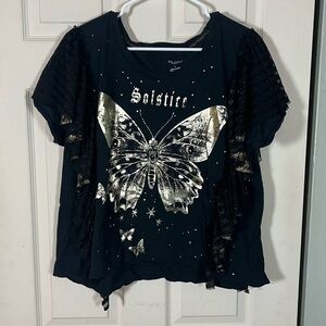 Anthropologie Pilcro Black Solstice Tee with Gold Print and Lace accents, large